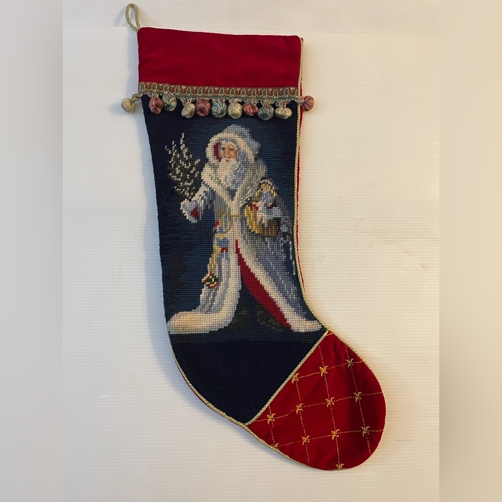 VTG Wool Needlepoint & Velvet Christmas Stocking Father Christmas Santa 1991 20”